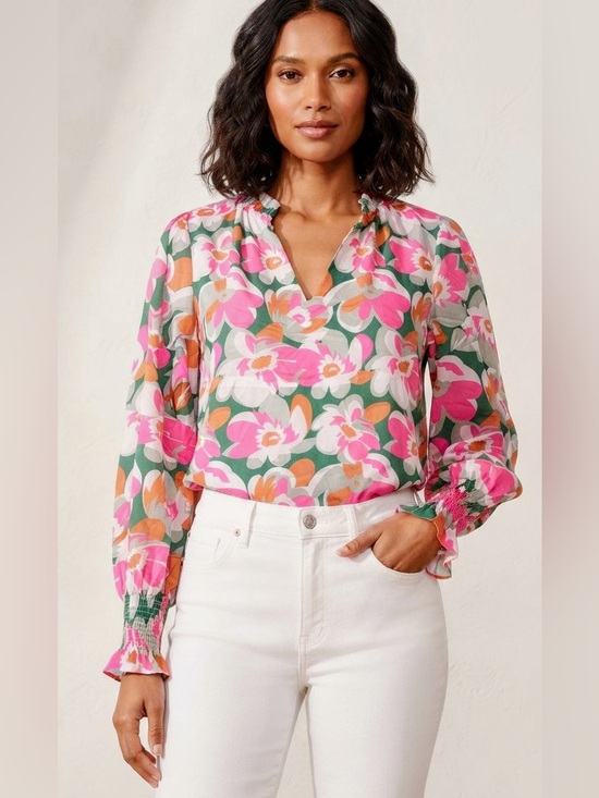 Tops - Mascomoda Floral V-Neck Long-Sleeve Blouse - Pink Green